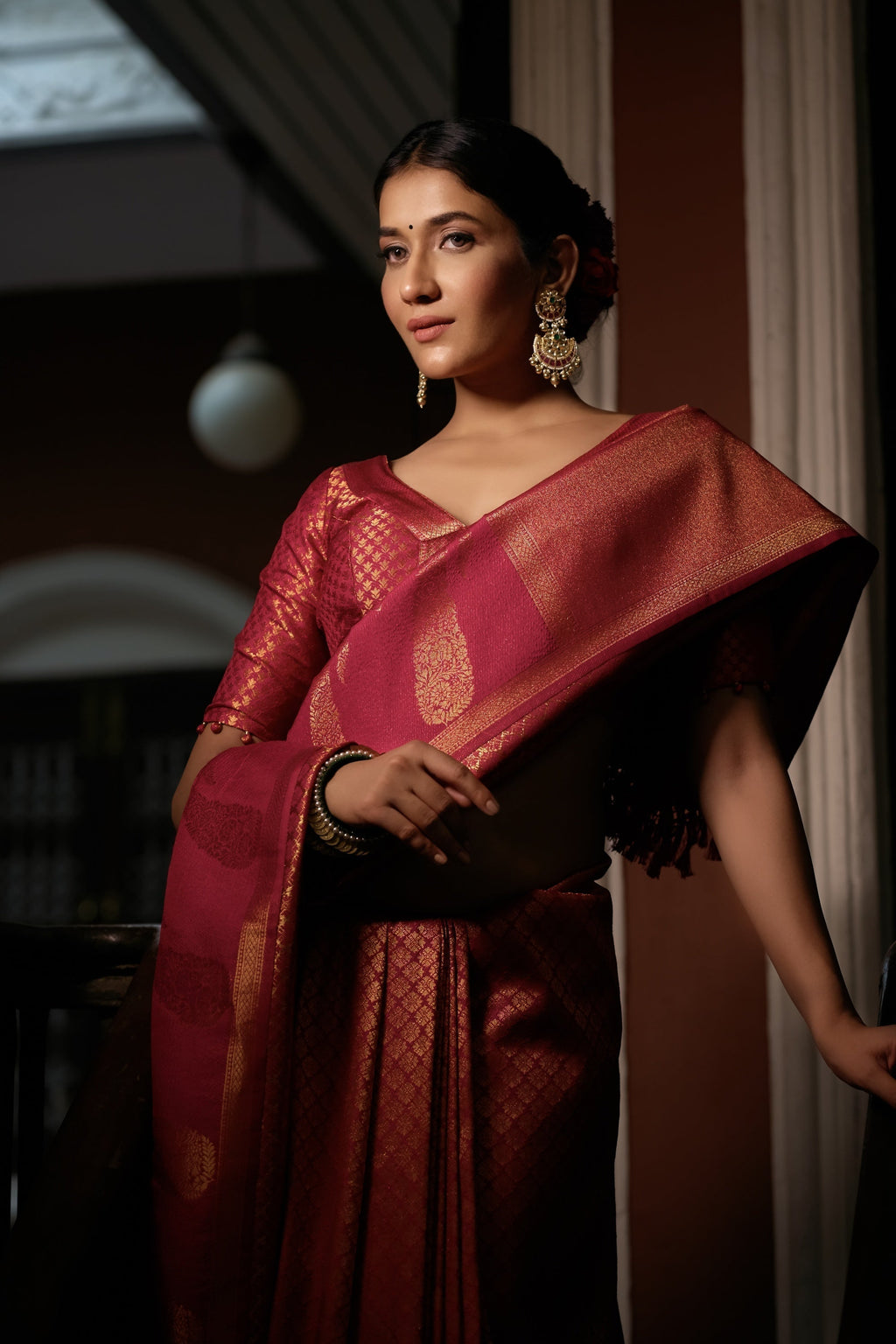 Vardha Fuchsia Pink Golden Zari Kanjeevaram Silk Saree