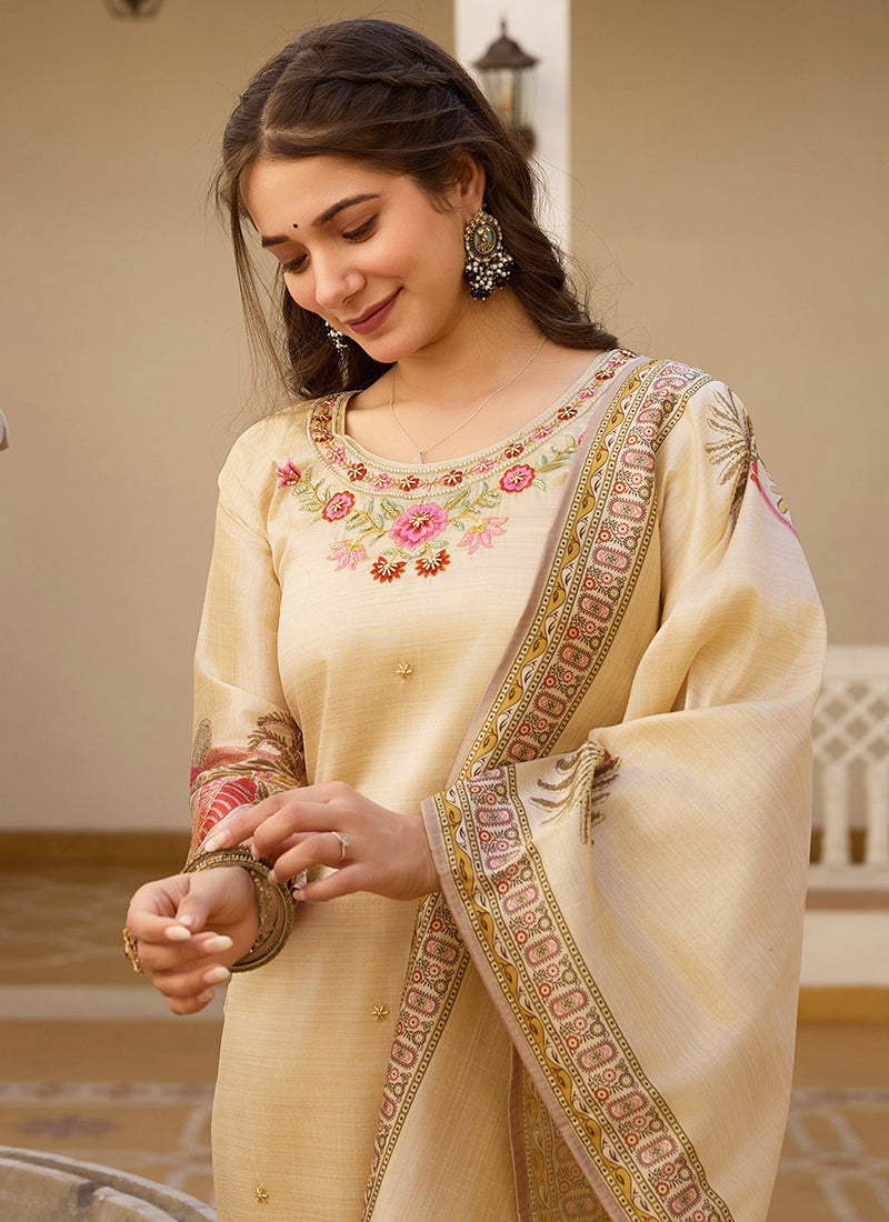 Vellora Pure Viscose Assam Silk White Daily Wear Embroidery Work Readymade Suit - Distacart