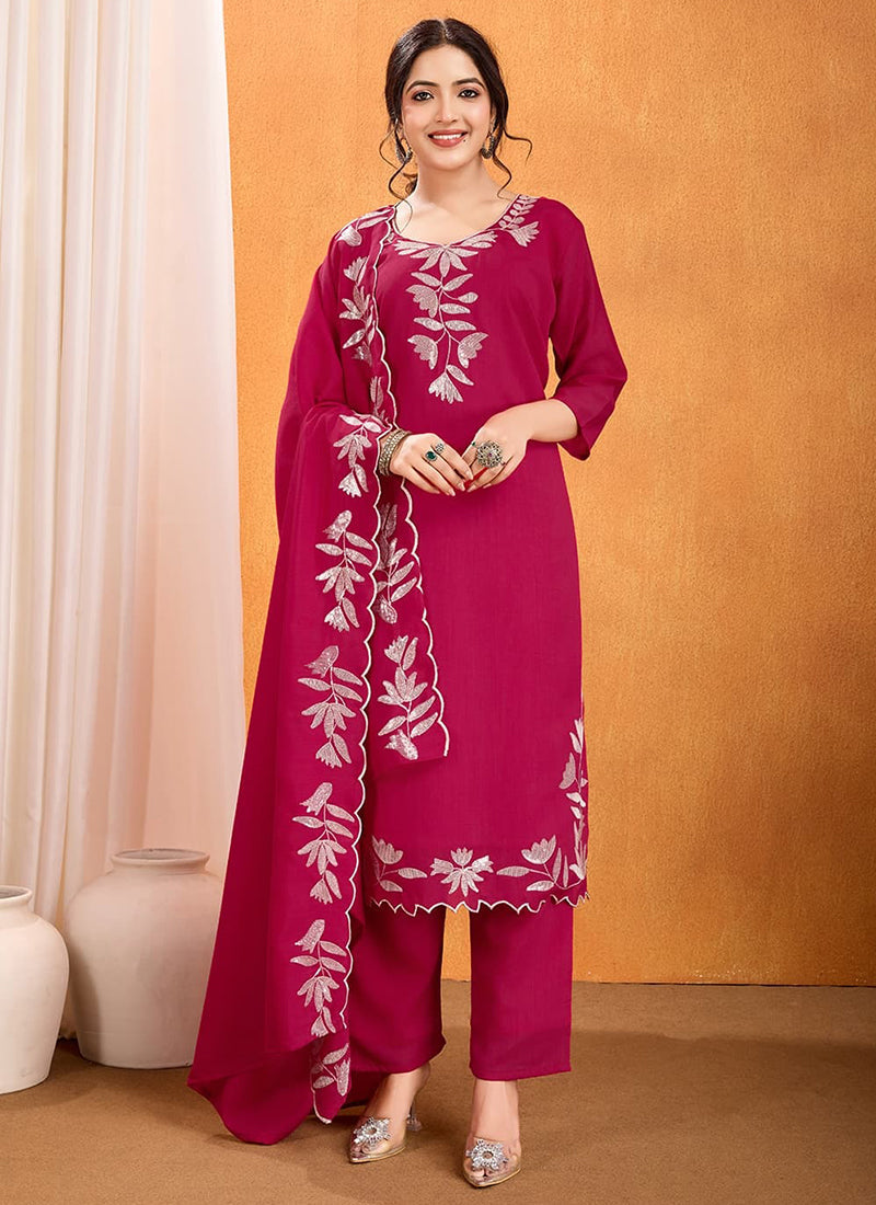 Vellora Pure Vichitra Silk Rani Casual Wear Embroidery Work Readymade Suit - Distacart