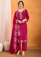 Vellora Pure Vichitra Silk Rani Casual Wear Embroidery Work Readymade Suit - Distacart