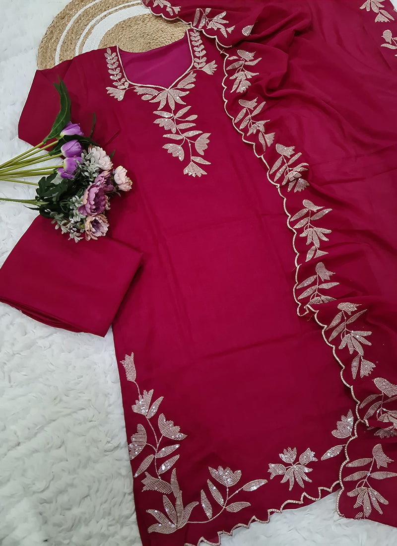 Vellora Pure Vichitra Silk Rani Casual Wear Embroidery Work Readymade Suit - Distacart