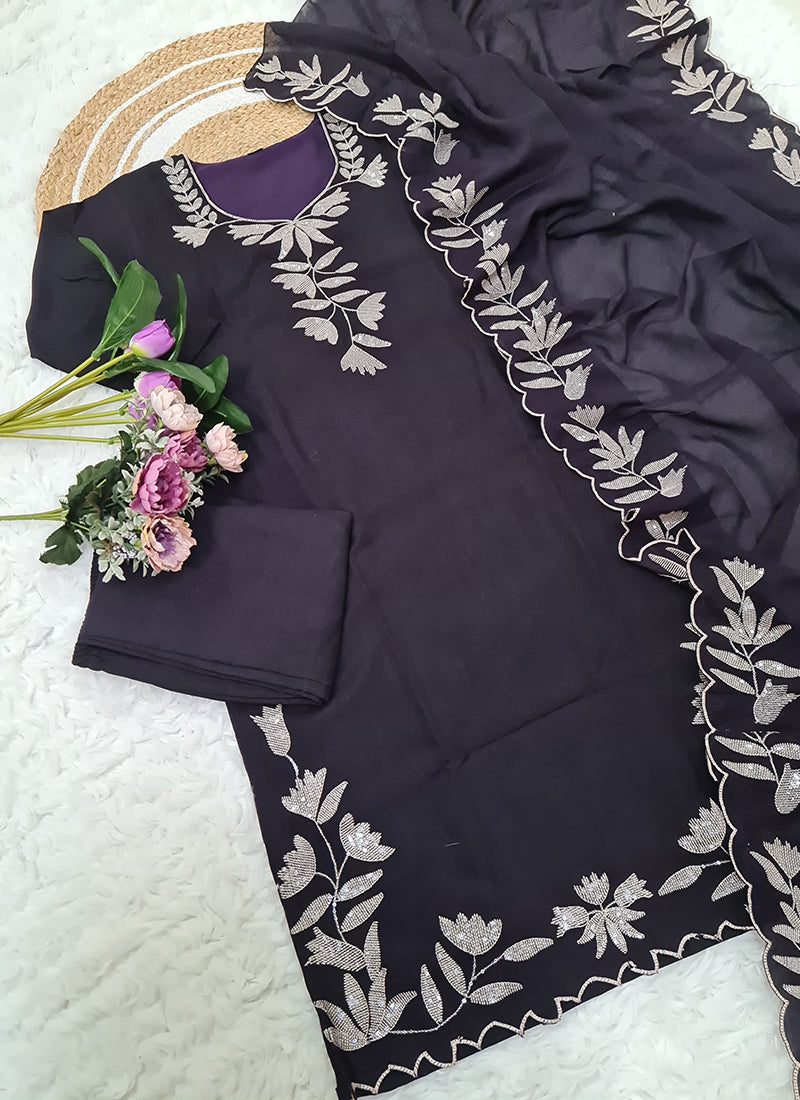 Vellora Pure Vichitra Silk Purple Casual Wear Embroidery Work Readymade Suit - Distacart