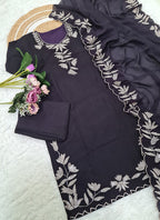 Vellora Pure Vichitra Silk Purple Casual Wear Embroidery Work Readymade Suit - Distacart
