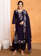Vellora Pure Vichitra Silk Purple Casual Wear Embroidery Work Readymade Suit - Distacart