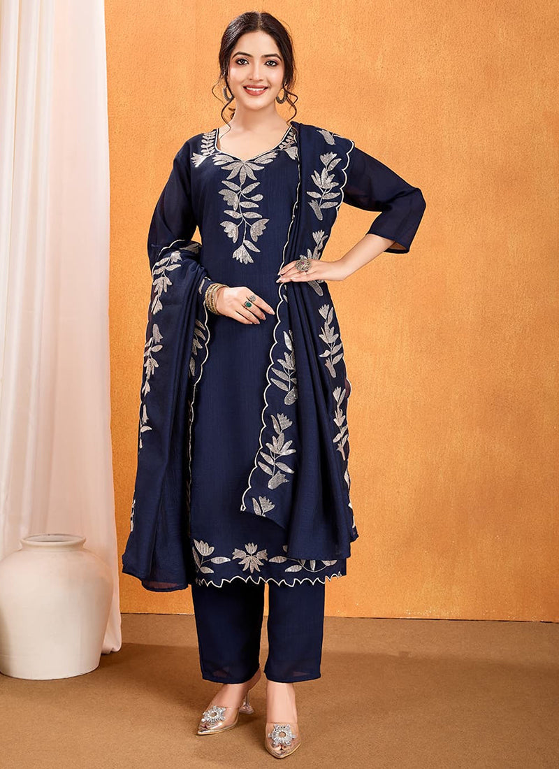 Vellora Pure Vichitra Silk Blue Casual Wear Embroidery Work Readymade Suit - Distacart