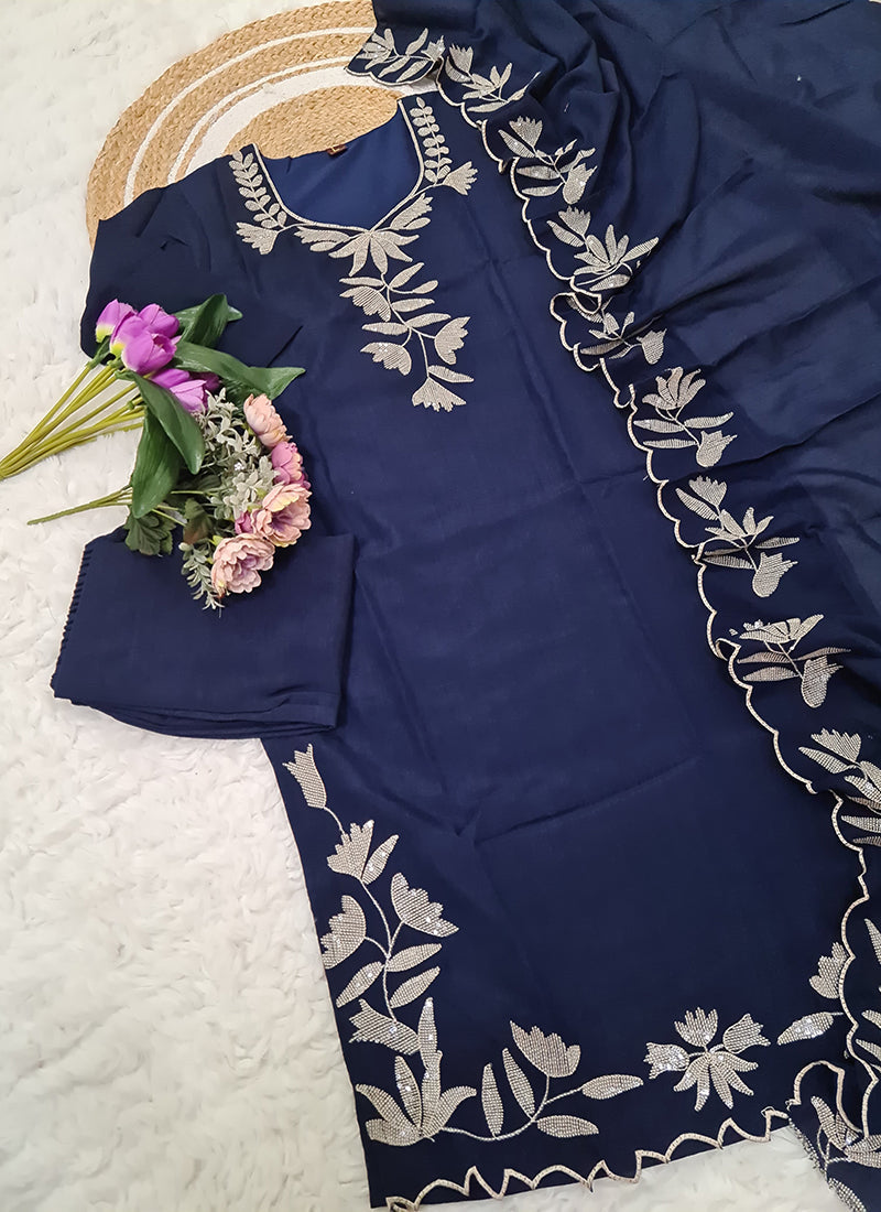 Vellora Pure Vichitra Silk Blue Casual Wear Embroidery Work Readymade Suit - Distacart