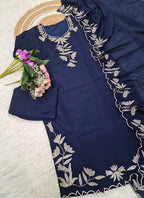 Vellora Pure Vichitra Silk Blue Casual Wear Embroidery Work Readymade Suit - Distacart