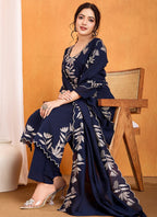 Vellora Pure Vichitra Silk Blue Casual Wear Embroidery Work Readymade Suit - Distacart