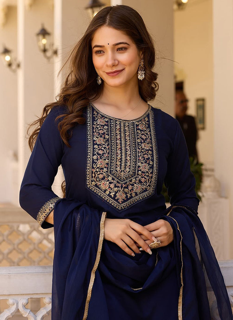 Vellora Rayon Slub Blue Casual Wear Sequins Work Readymade Suit - Distacart