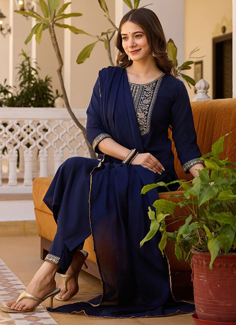 Vellora Rayon Slub Blue Casual Wear Sequins Work Readymade Suit - Distacart