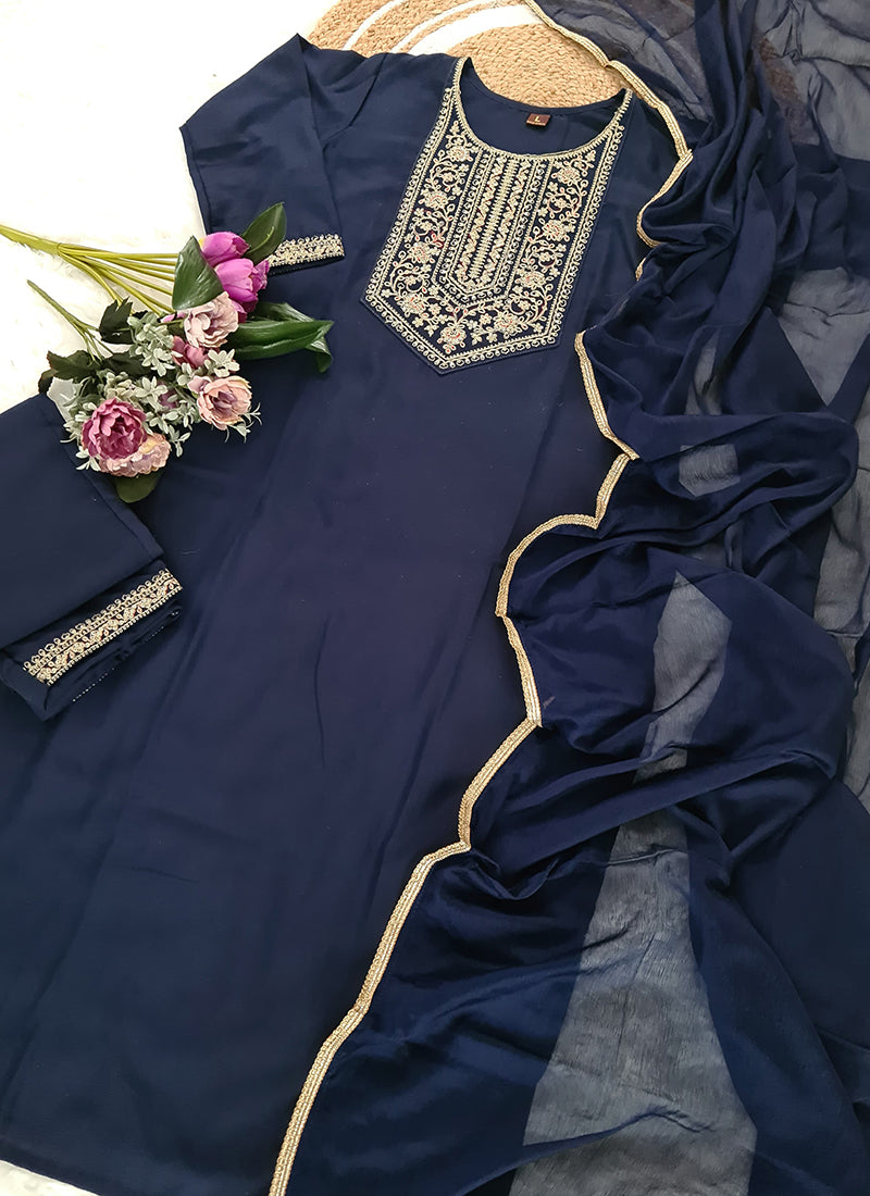 Vellora Rayon Slub Blue Casual Wear Sequins Work Readymade Suit - Distacart