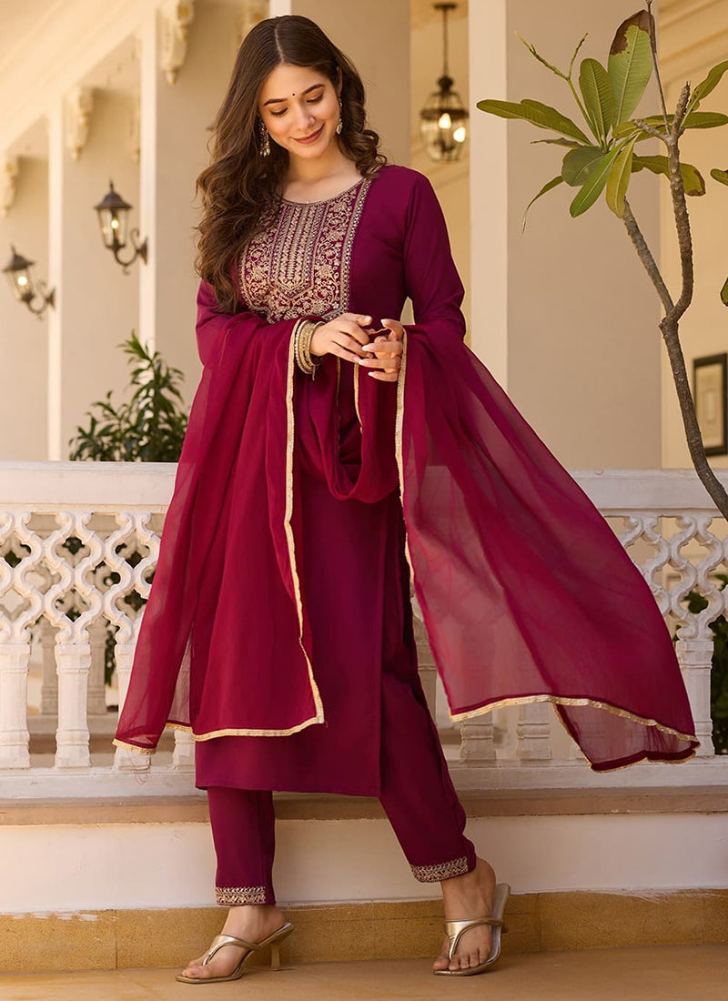 Vellora Rayon Slub Burgundy Casual Wear Sequins Work Readymade Suit - Distacart