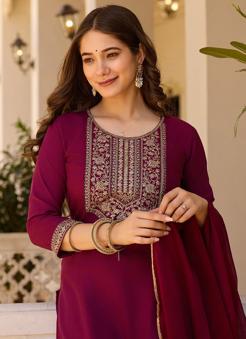 Vellora Rayon Slub Burgundy Casual Wear Sequins Work Readymade Suit - Distacart