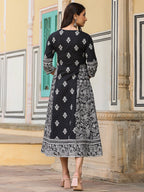 Juniper Black & White Ethnic Motif Printed Pure Cotton Flared Maxi Dress With Beads & Sequins - Distacart
