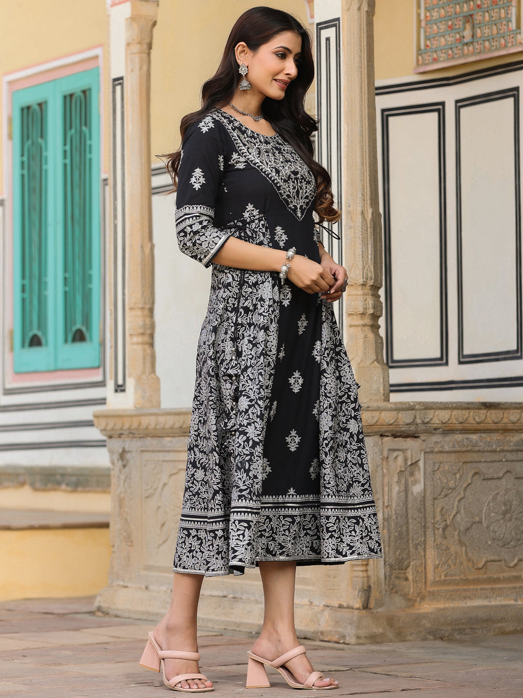 Juniper Black & White Ethnic Motif Printed Pure Cotton Flared Maxi Dress With Beads & Sequins - Distacart