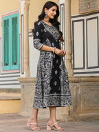 Juniper Black & White Ethnic Motif Printed Pure Cotton Flared Maxi Dress With Beads & Sequins - Distacart