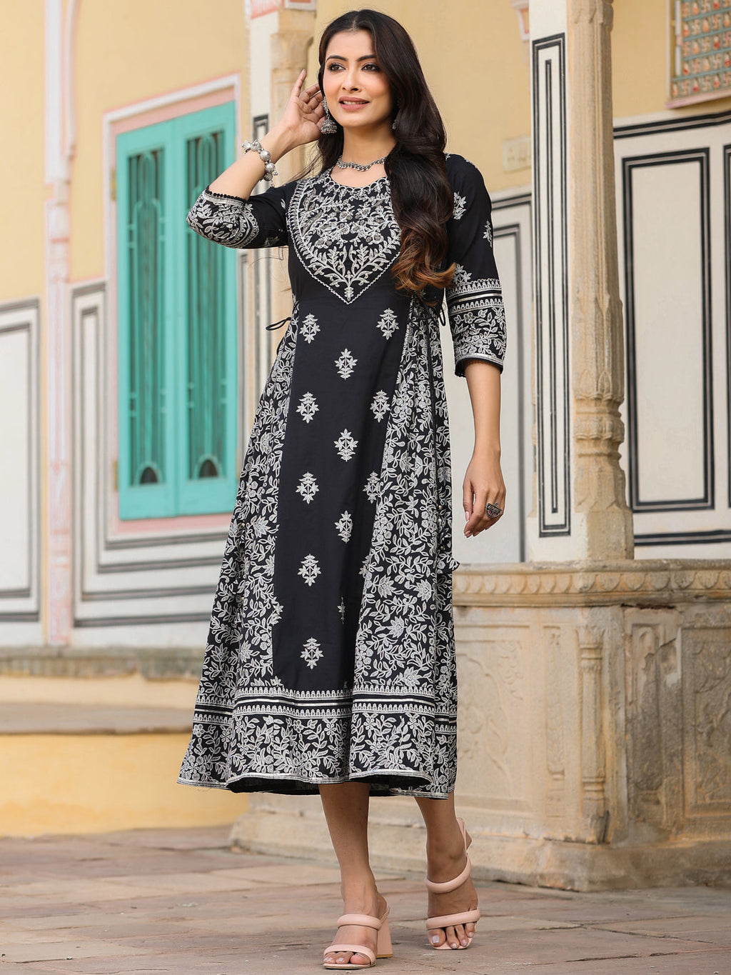 Juniper Black & White Ethnic Motif Printed Pure Cotton Flared Maxi Dress With Beads & Sequins - Distacart