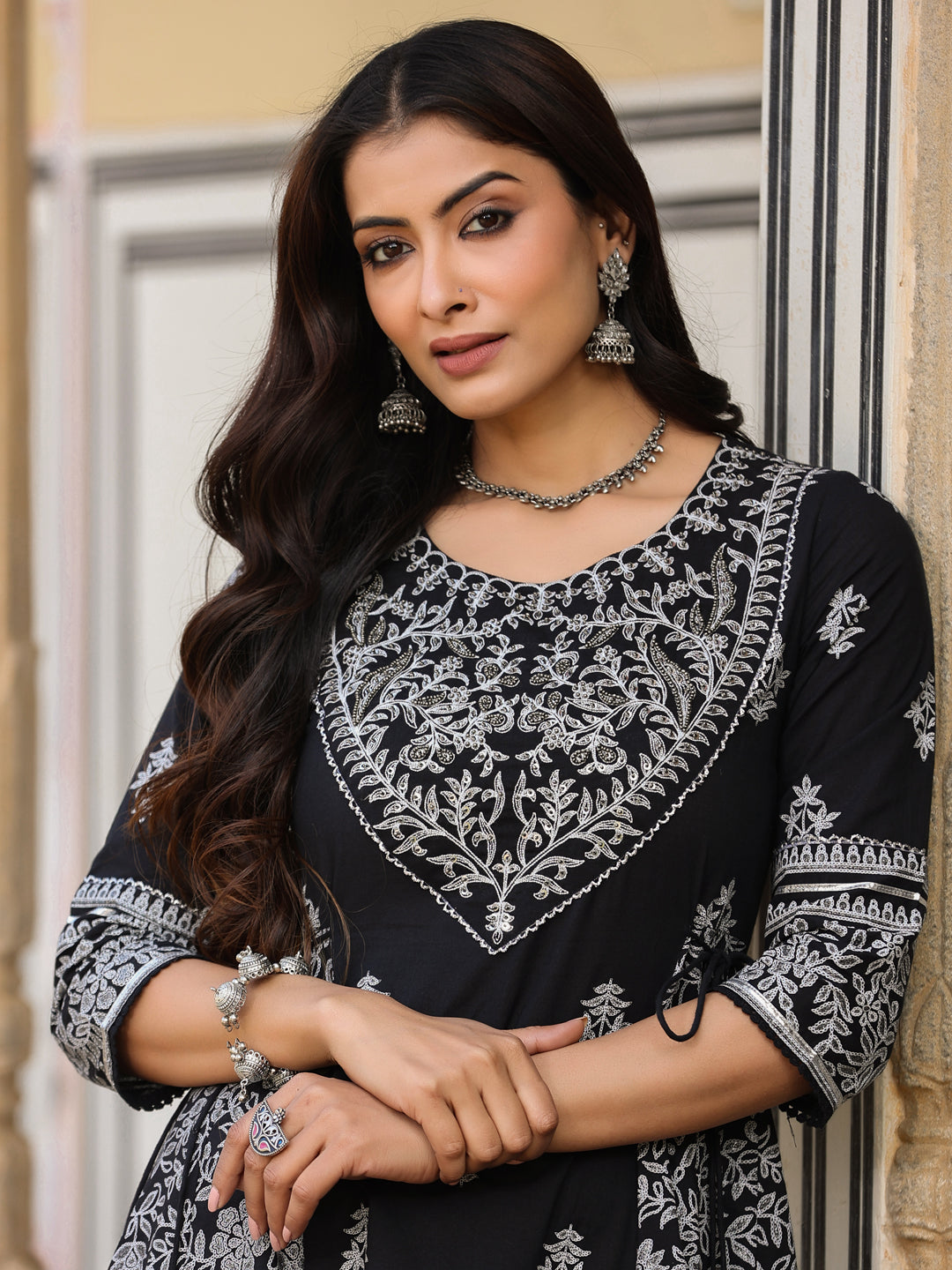 Juniper Black & White Ethnic Motif Printed Pure Cotton Flared Maxi Dress With Beads & Sequins - Distacart