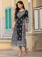 Juniper Black & White Ethnic Motif Printed Pure Cotton Flared Maxi Dress With Beads & Sequins - Distacart