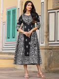 Juniper Black & White Ethnic Motif Printed Pure Cotton Flared Maxi Dress With Beads & Sequins - Distacart
