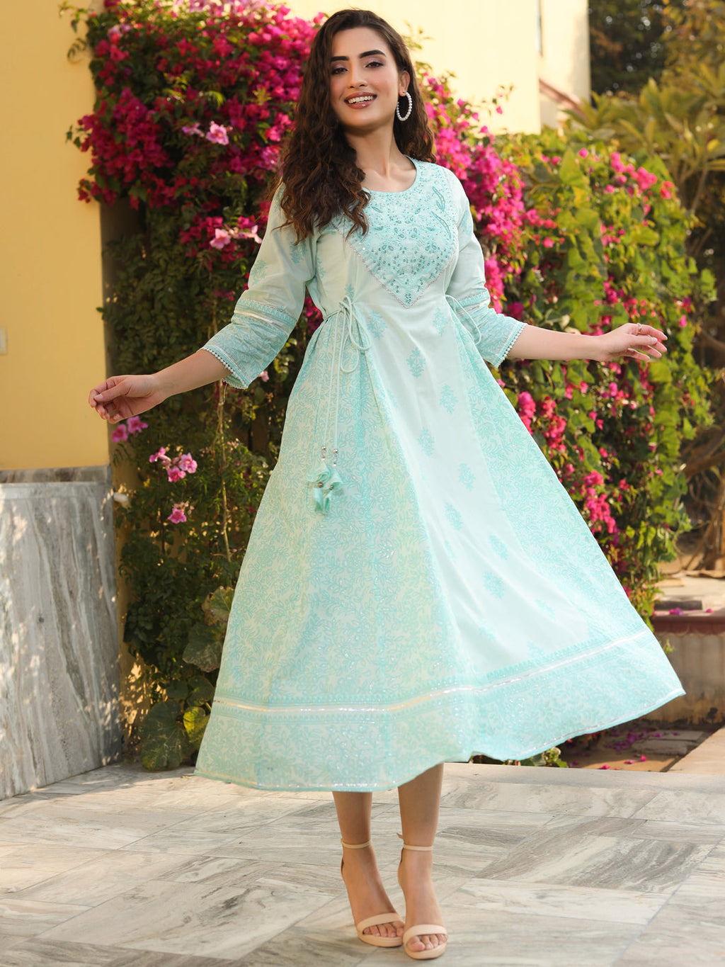 Juniper Mint Ethnic Motif Printed Pure Cotton Flared Maxi Dress With Beads & Sequins - Distacart
