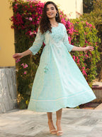 Juniper Mint Ethnic Motif Printed Pure Cotton Flared Maxi Dress With Beads & Sequins - Distacart