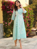 Juniper Mint Ethnic Motif Printed Pure Cotton Flared Maxi Dress With Beads & Sequins - Distacart