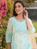 Juniper Mint Ethnic Motif Printed Pure Cotton Flared Maxi Dress With Beads & Sequins - Distacart