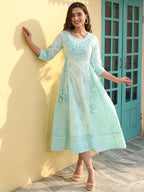 Juniper Mint Ethnic Motif Printed Pure Cotton Flared Maxi Dress With Beads & Sequins - Distacart