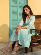 Juniper Mint Ethnic Motif Printed Pure Cotton Flared Maxi Dress With Beads & Sequins - Distacart