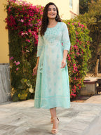 Juniper Mint Ethnic Motif Printed Pure Cotton Flared Maxi Dress With Beads & Sequins - Distacart