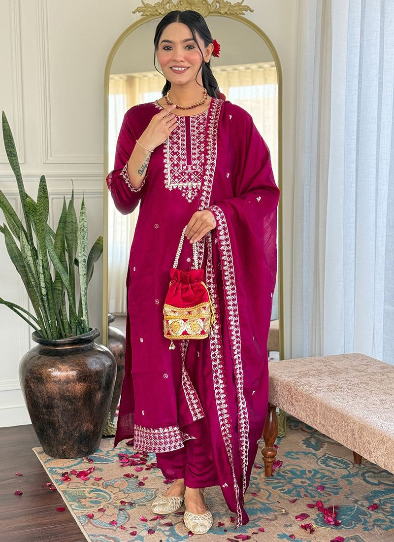 Vellora Vichitra Silk Hot Pink Casual Wear Embroidery Readymade Salwar Suit - Distacart