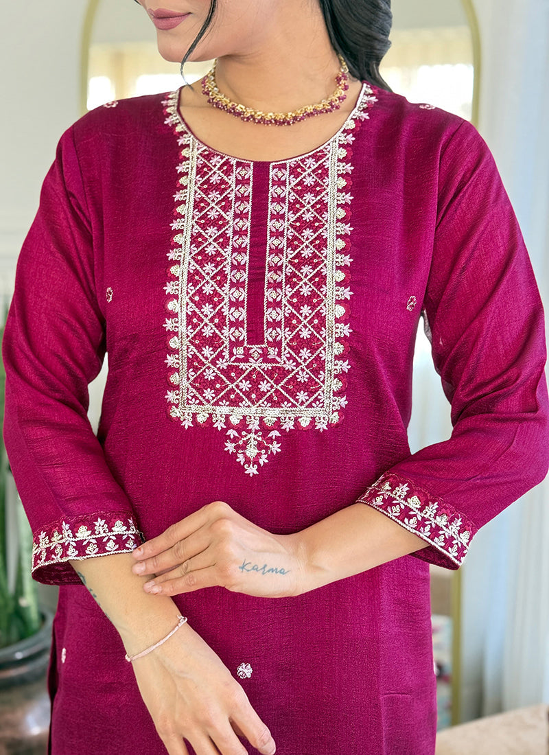Vellora Vichitra Silk Hot Pink Casual Wear Embroidery Readymade Salwar Suit - Distacart