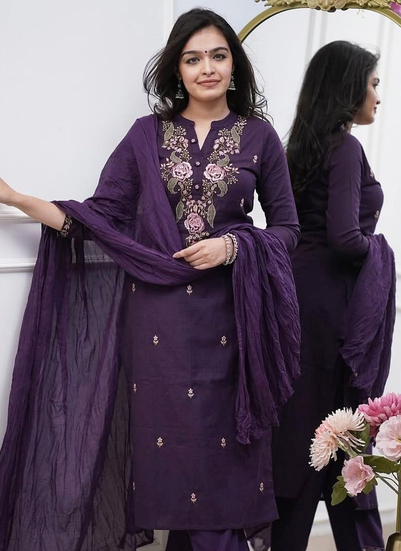 Vellora Rayon Slub Silk Violet Casual Wear Embroidery Readymade Salwar Suit - Distacart