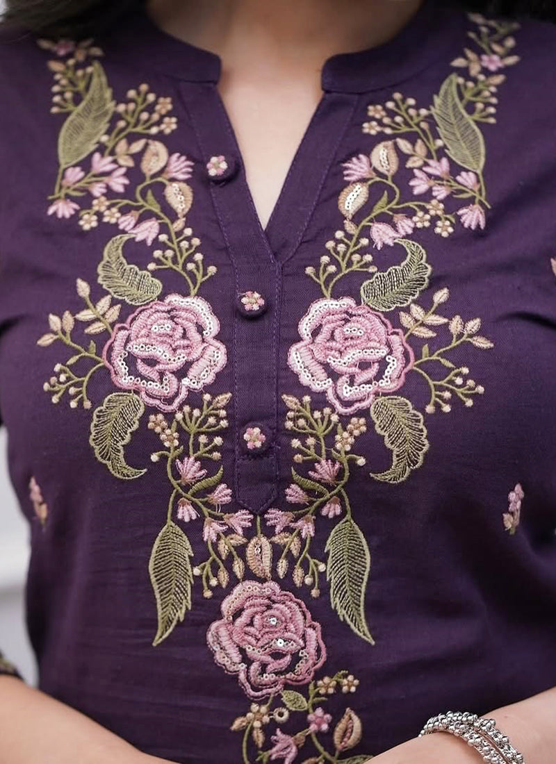 Vellora Rayon Slub Silk Violet Casual Wear Embroidery Readymade Salwar Suit - Distacart