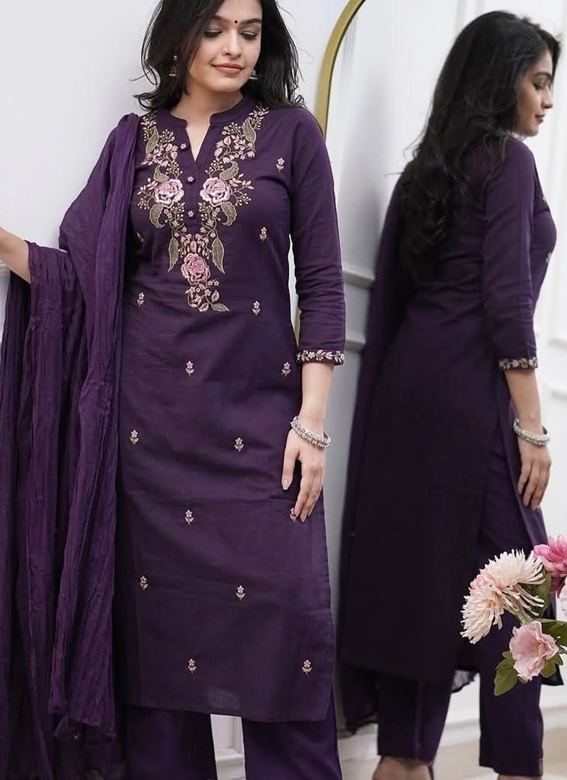 Vellora Rayon Slub Silk Violet Casual Wear Embroidery Readymade Salwar Suit - Distacart