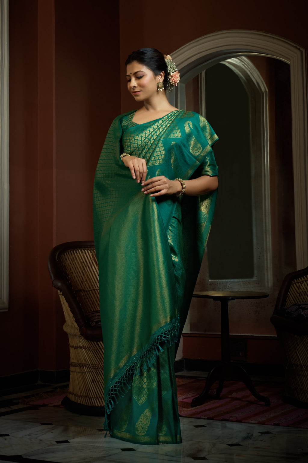 Vardha Teal Green Golden Zari Kanjeevaram Silk Saree