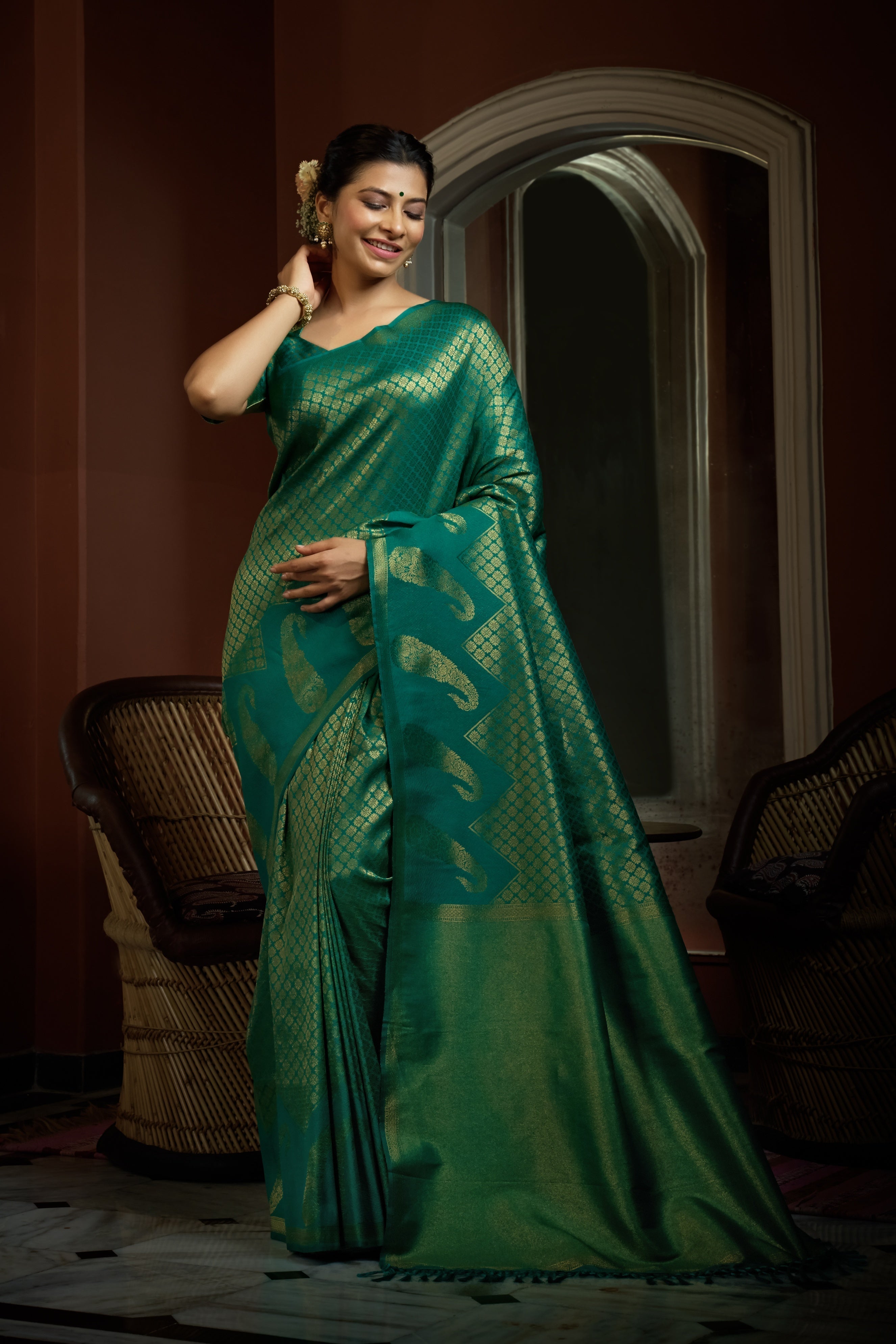 Vardha Teal Green Golden Zari Kanjeevaram Silk Saree