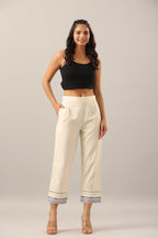 Juniper Women's Off-White Solid Cotton Flex Pants With Printed Hem, Pintucks & Lace Work