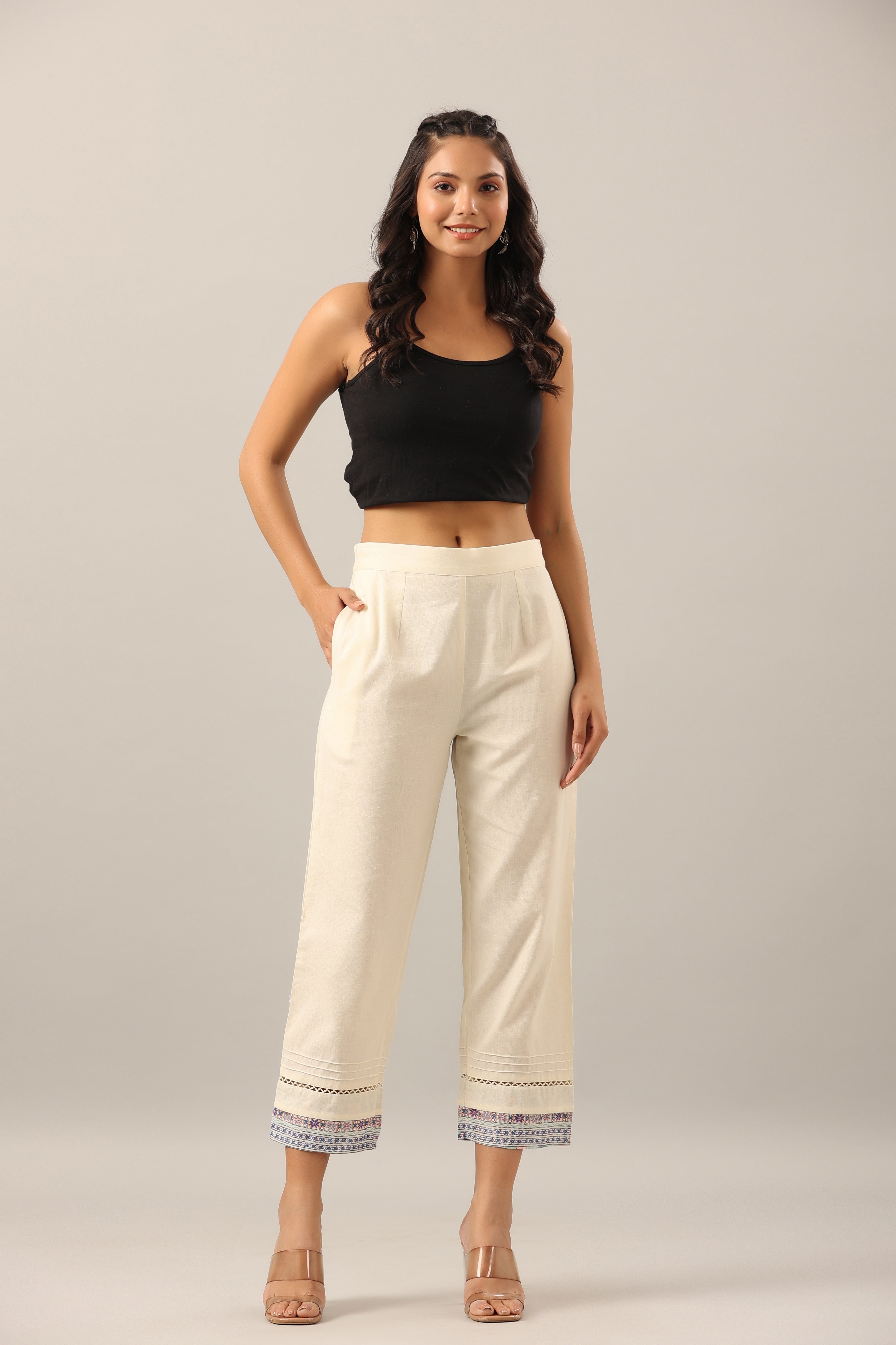 Juniper Women's Off-White Solid Cotton Flex Pants With Printed Hem, Pintucks & Lace Work