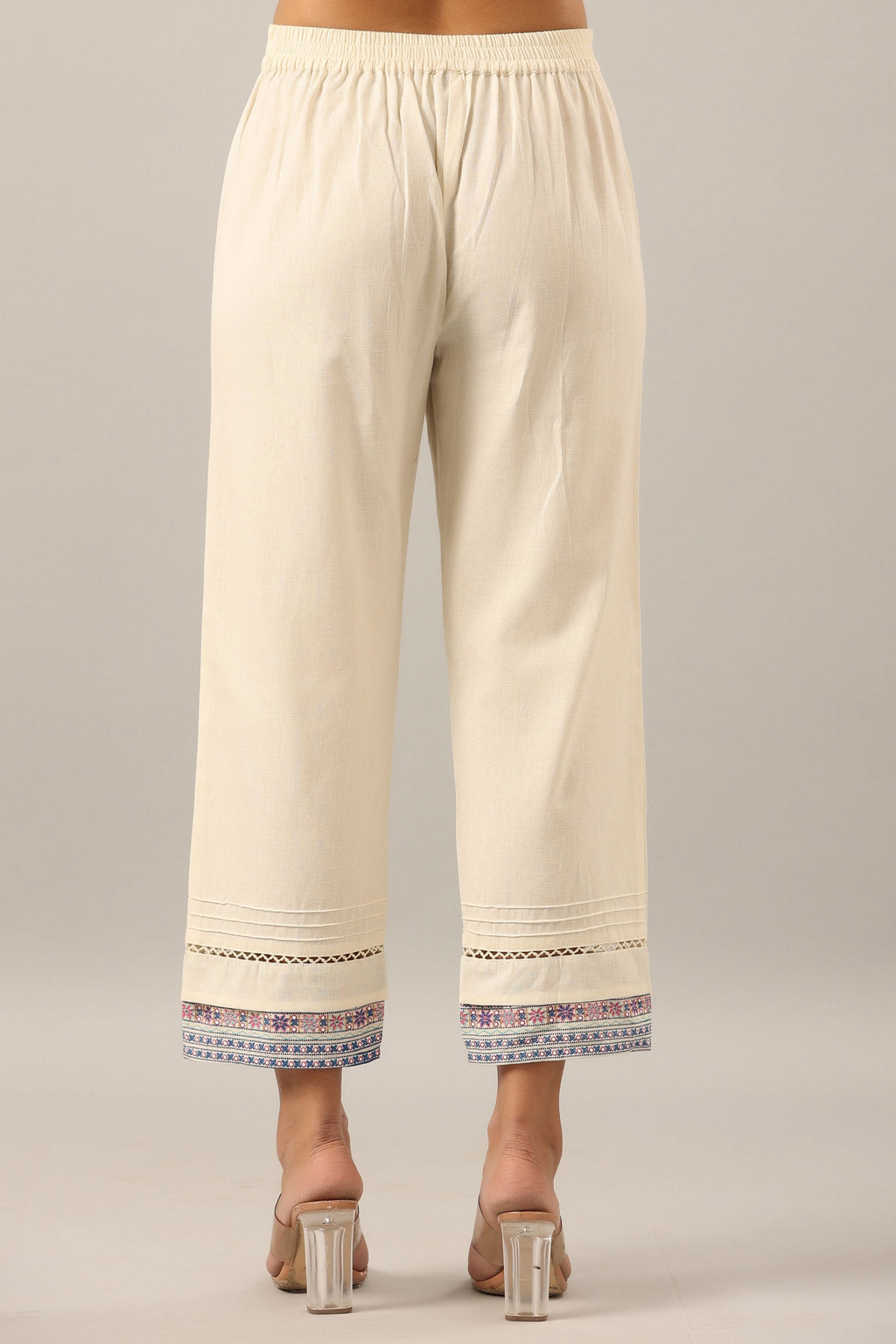 Juniper Women's Off-White Solid Cotton Flex Pants With Printed Hem, Pintucks & Lace Work