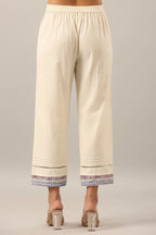 Juniper Women's Off-White Solid Cotton Flex Pants With Printed Hem, Pintucks & Lace Work
