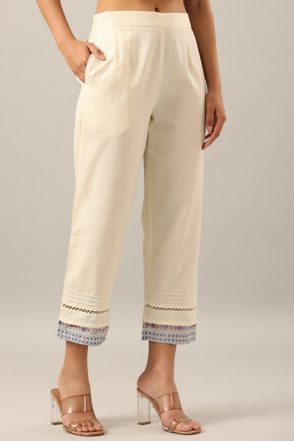 Juniper Women's Off-White Solid Cotton Flex Pants With Printed Hem, Pintucks & Lace Work