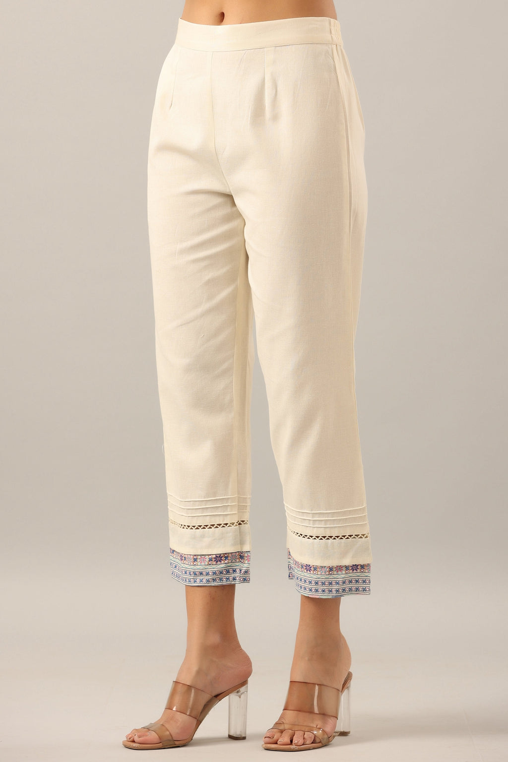 Juniper Women's Off-White Solid Cotton Flex Pants With Printed Hem, Pintucks & Lace Work
