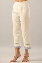 Juniper Women's Off-White Solid Cotton Flex Pants With Printed Hem, Pintucks & Lace Work