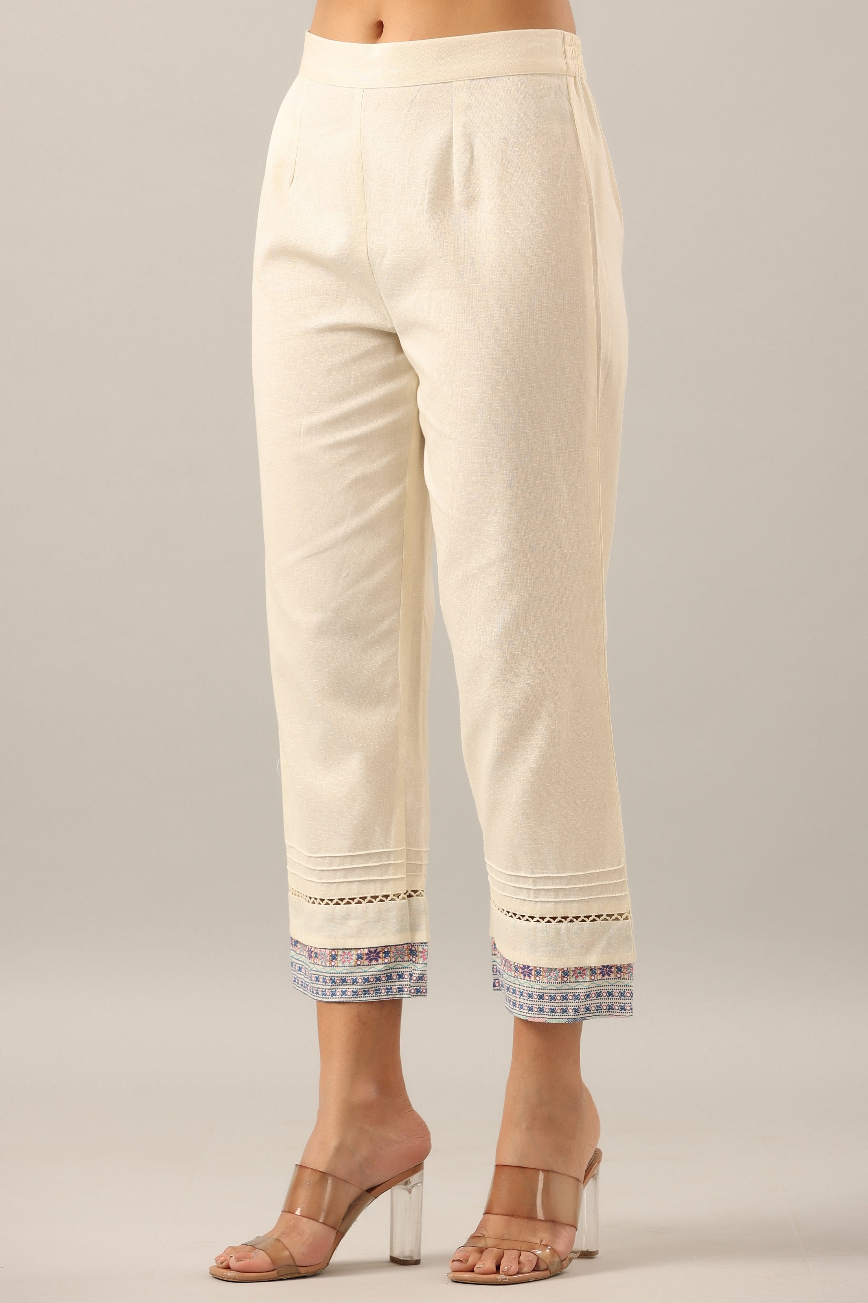 Juniper Women's Off-White Solid Cotton Flex Pants With Printed Hem, Pintucks & Lace Work
