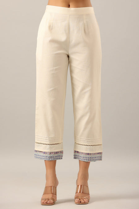 Juniper Women's Off-White Solid Cotton Flex Pants With Printed Hem, Pintucks & Lace Work