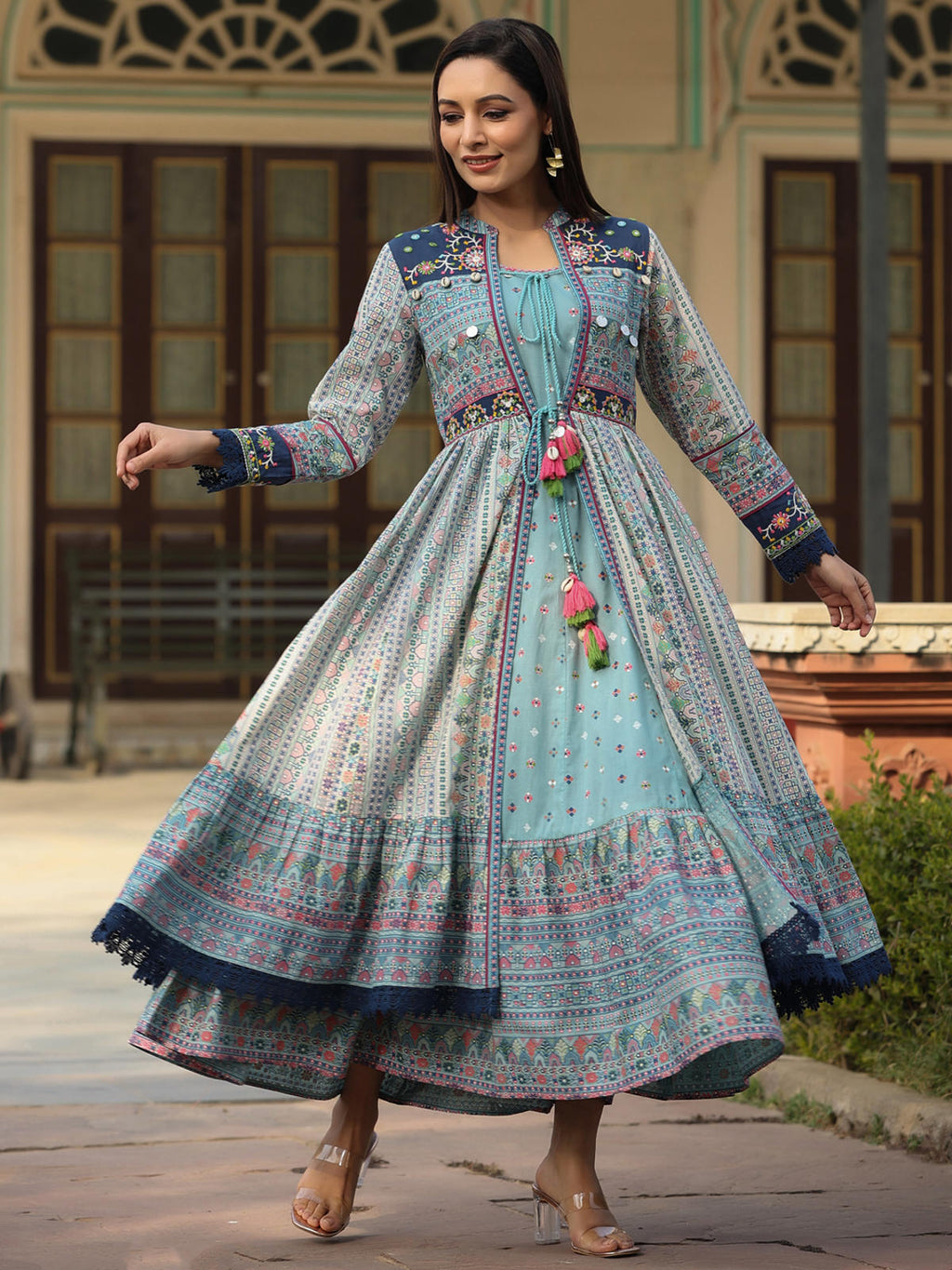 Juniper Women's Juniper Women's Sky Blue Cambric Printed With Embroidery Flared Dress - Distacart
