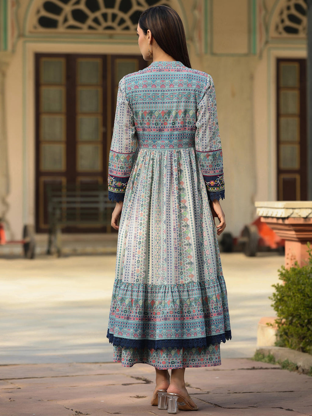Juniper Women's Juniper Women's Sky Blue Cambric Printed With Embroidery Flared Dress - Distacart