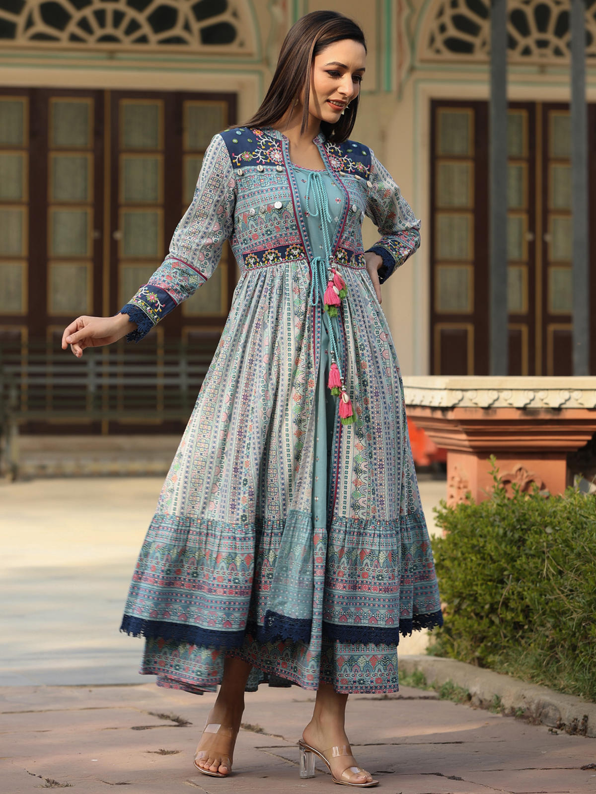 Juniper Women's Juniper Women's Sky Blue Cambric Printed With Embroidery Flared Dress - Distacart